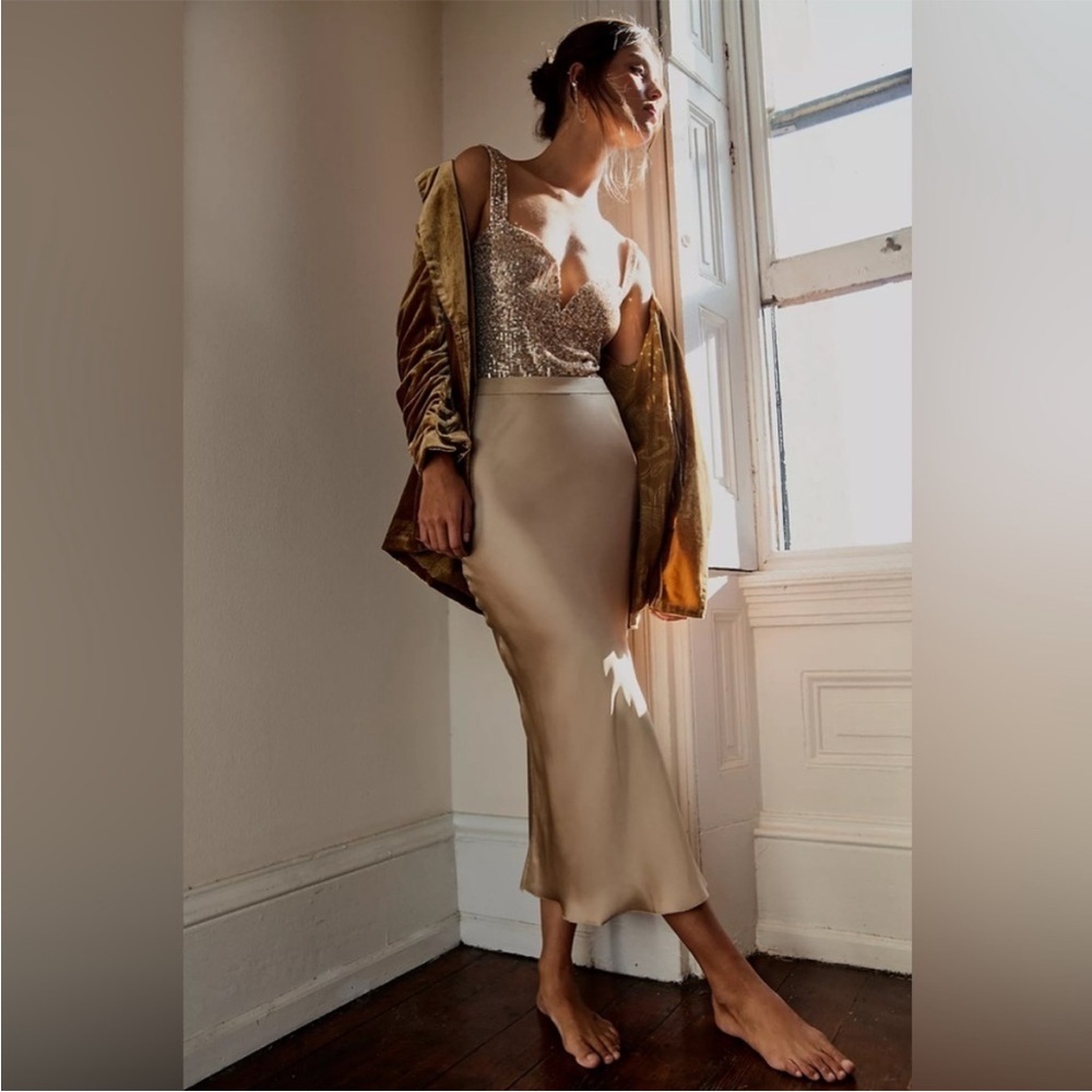 Intimately by Free People Elegant Satin Midi Skirt in GRAY